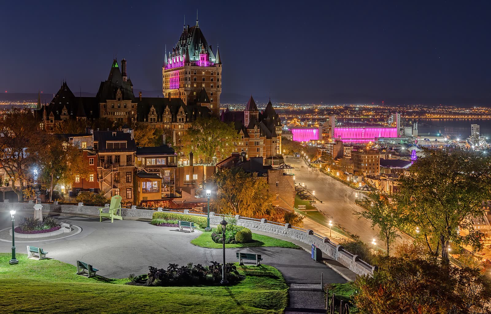 Chateau Frontenac illuminated at night in Quebec City