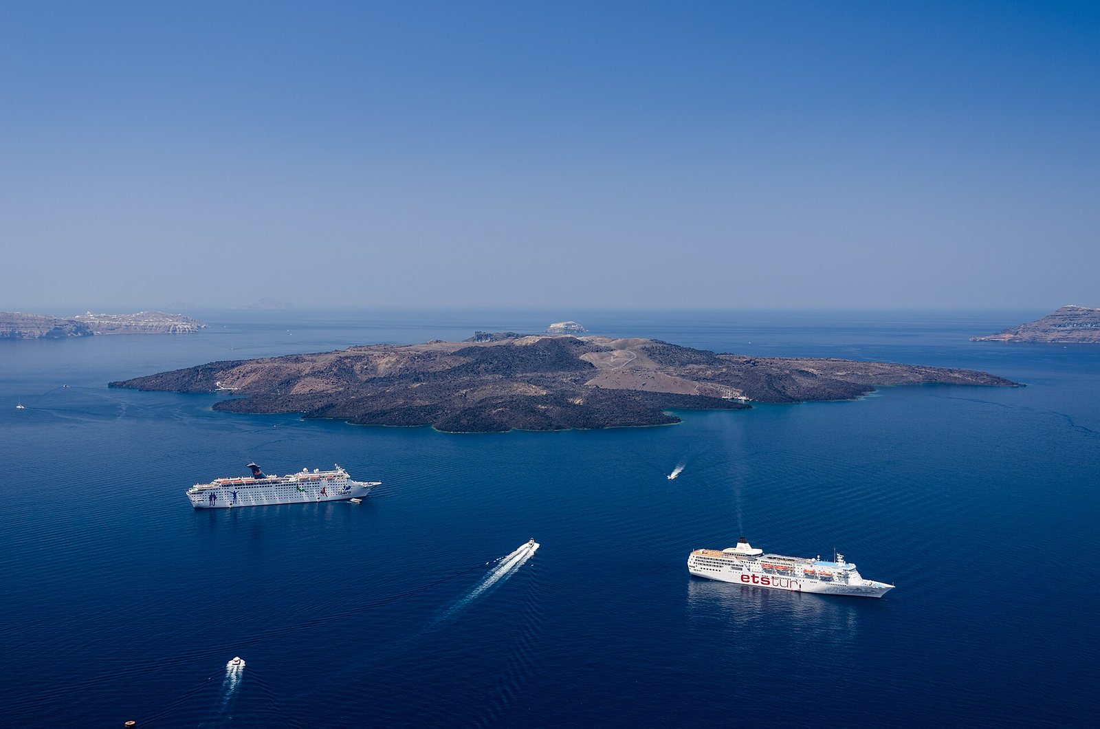 Caldera of Santorini - Nea Kameni - seen from Fira Thira