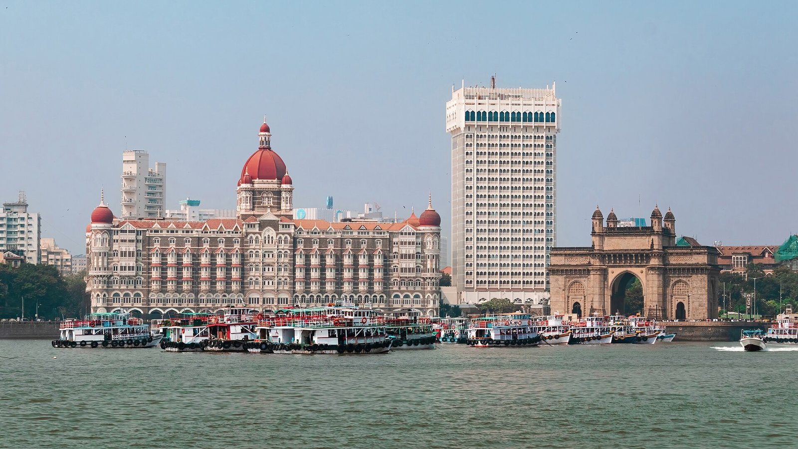 Panoramic view of Taj Palace Hotel and Taj Tower with the iconic Gateway of India in the background