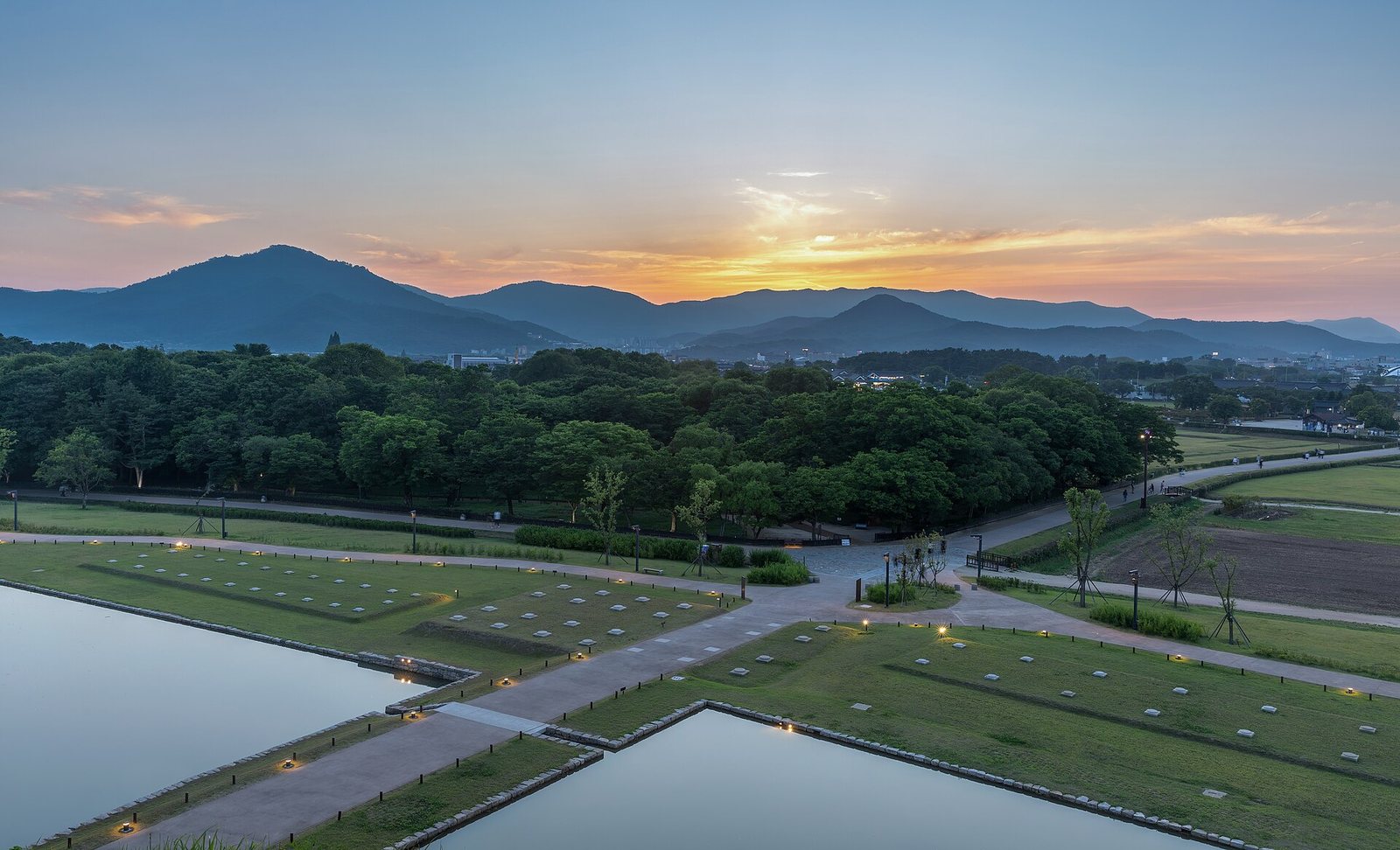 Sunset over the Tumuli Park in Gyeongju Historic Site Wolseong District South Korea